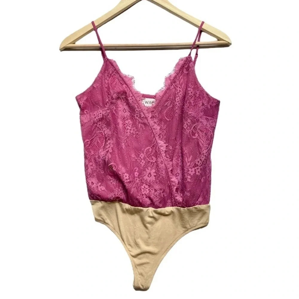 WAYF Pink Lace Surplice Bodysuit XS Spaghetti Strap Thong Back